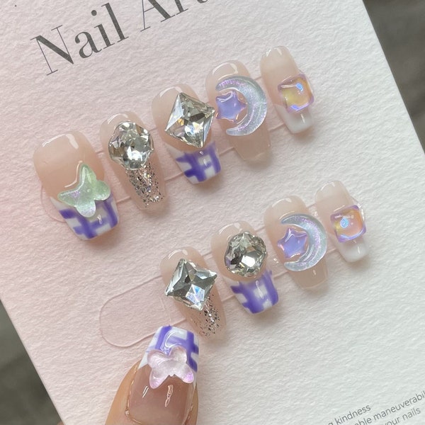 Luxury Fantasy Purple Chessboard Gel Nails | Press On Nails | 100% Handmade Nails | Nails Art | Fake Nails | Gift For Her | Holiday Nail