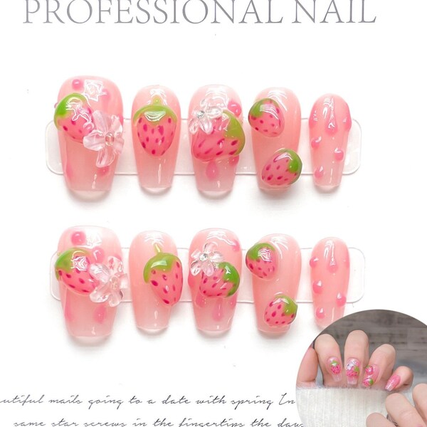Strawberry Sweetheart Cute Style Gel Nails | Press on Nails |Handmade Nails |New Nail Trend|Long Medium Short Nails|Nails Art |Holiday Nail