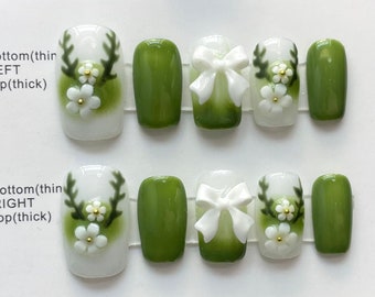 Green Flower Fawn Gel Nails | Press on Nails | Handmade Natural Nails | New Nail Trend | Jelly Nail Polish | Long Medium Short Nails Art