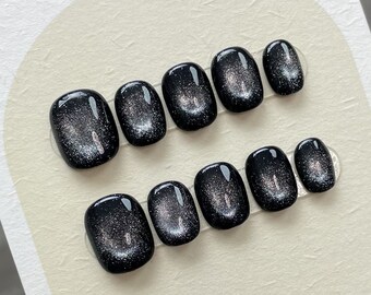 Glazed Black Simple Cat's Eye Gel Nails | Press on Nails | Handmade Natural Nails | Jelly Nail Polish | Short Nails Business Nails