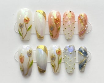 Ongles de luxe en gel de fleur de tulipe | Presse sur les ongles | Ongles 100 % faits main | Nouvelle tendance en matière d'ongles | Ongles longs moyens courts | cadeau pour elle | Ongle des Fêtes