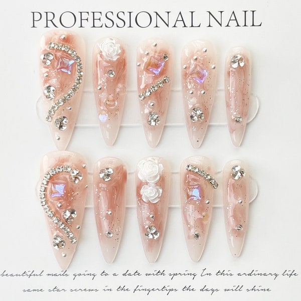 Luxury Full Diamond Camellia Nail Art | Press on Nails | Handmade Nails | Fake Nails | Stiletto Shape | Party Nails | Wedding Nails