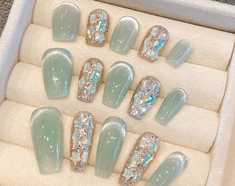 Blue-Green e Cat's Eye Gel Nails | Press on Nails | Handmade Natural Nails| New Nail Trend | Jelly Nail Polish | Long Medium Short Nails