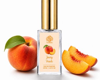 May include: A rectangular glass perfume bottle with a gold cap, featuring a label with a peach illustration and the text Scenties Juicy Peach Eau de Parfum 30 ml | 1.0 fl oz. A whole peach with a green leaf and two peach slices are positioned nearby.