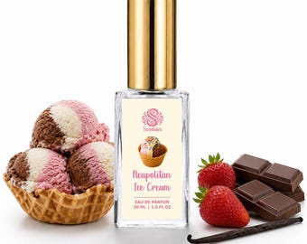 May include: A rectangular glass perfume bottle with a gold cap, labeled Neapolitan Ice Cream, 30 ml | 1.0 fl oz. Beside it sits a waffle bowl filled with three scoops of Neapolitan ice cream, two fresh strawberries, chocolate squares, and a vanilla bean.