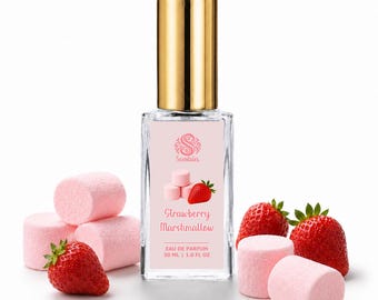 May include: A clear glass perfume bottle with a gold cap and a rectangular label featuring a pink background, a strawberry, and marshmallows. The label text reads Scentsies, Strawberry Marshmallow, EAU DE PARFUM, 30 ML | 1.0 FL OZ.