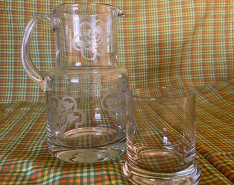 Vintage Floral Etched Glass Bedside Water Carafe (Pitcher and Cup Set)