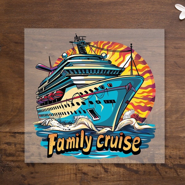 Family Cruise Vibrant Cruise Ship DTF Transfer Sheet, 'Family Cruise' Themed Heat Press for Fabrics, Tropical Sun & Waves Graphic Print DTF.