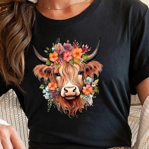 Highland Cow T-shirt, Elegant Highland Cow with Floral Sweatshirt, Cow Shirt, Whimsical Cow Hoodie, Gift for Women-Men, Funny Animal Gift