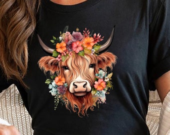 Highland Cow T-shirt, Elegant Highland Cow with Floral Sweatshirt, Cow Shirt, Whimsical Cow Hoodie, Gift for Women-Men, Funny Animal Gift