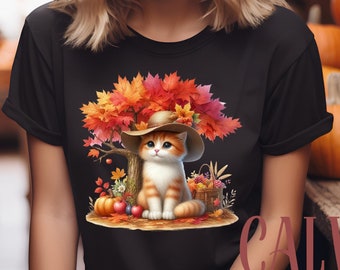Autumn Kitten Sweatshirt: Cat in Sun Hat with Fall Harvest