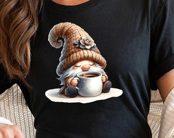 Coffee Gnome Shirt, Caffeine Lover Gift, Cozy Winter Gnome Tee, Hot Cocoa Christmas Shirt, Nordic Gnome Coffee T-Shirt