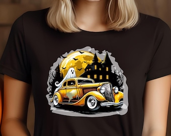 Haunted Hot Rod Halloween Shirt, Ghostly Classic Car Shirt, Spooky Ghost in Yellow Car Tee, Eerie Vintage Car Design for Halloween Parties