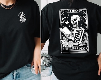 The Reader Tarot Card Front And Back Printing Shirt, Skeleton Reading Sweatshirt, Book Lover Gift For Women, Book Lover Tee, Tarot Card Tee