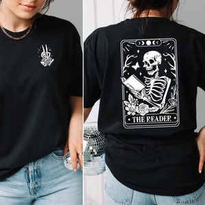 The Reader Tarot Card Front And Back Printing Shirt, Skeleton Reading Sweatshirt, Book Lover Gift For Women, Book Lover Tee, Tarot Card Tee