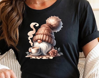 Coffee Gnome T-Shirt, Cozy Warm Beverage Design Sweatshirt, Cute Coffee Gnome Tee, Coffee Time Gnome Graphic Tee, Gift for Coffee Lovers
