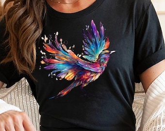 Rainbow Phoenix T-Shirt, Colorful Majestic Bird Shirt, Dazzling Bird Tee, Vibrant Phoenix in Flight Tee, Unique Gift for Nature Enthusiasts