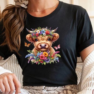 Highland Cow Shirt, Elegant Highland Cow with Floral Sweatshirt, High-Quality Butterfly Hoodie, Cow Tee, Cute Gift for Kids & Adults
