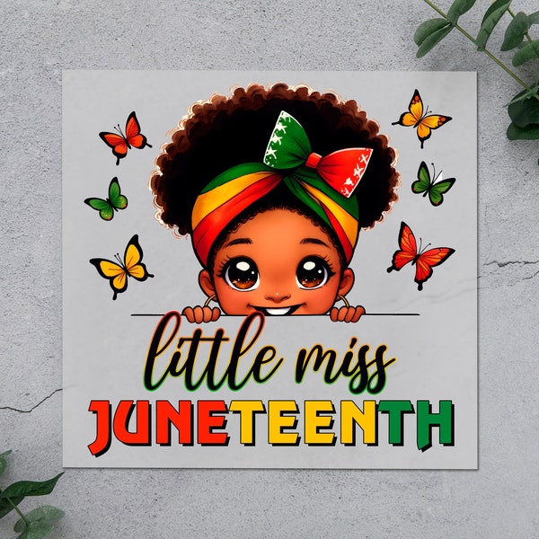 Little Miss Juneteenth DTF Transfer, Joyful Juneteenth Iron On, Youthful Afro Cartoon with Butterflies for Kids Gift Hoodie, T-Shirt.