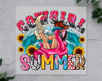 Cowgirl Summer Beach DTF Transfer Sheet, Western Flamingo Pool Float Iron On, Western Chic Summer Print - Bandana - Cow Spots Cowgirl