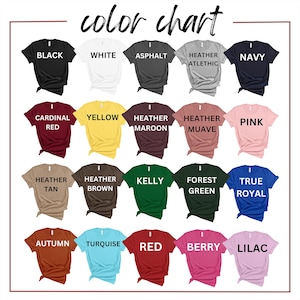 May include: A color chart displays various t-shirt colors, including black, white, and navy. Other colors include red, yellow, and pink. The text "color chart" is at the top.