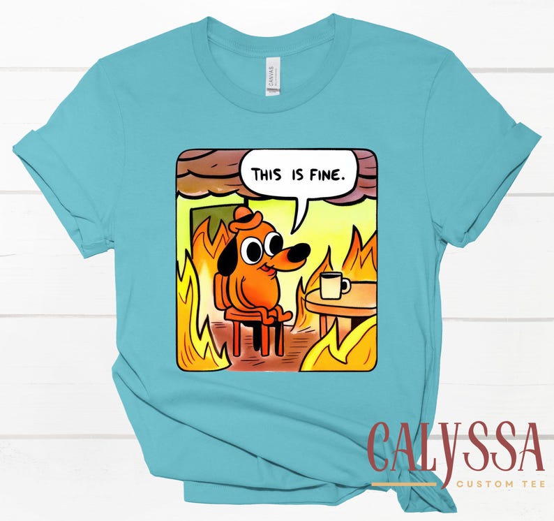 May include: A light blue t-shirt featuring a cartoon dog sitting in a burning room, with the text "THIS IS FINE" in a speech bubble. The dog is orange and wearing a hat, with a coffee cup on a table nearby.