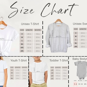 May include: A size chart for various apparel, including unisex t-shirts, sweatshirts, youth t-shirts, toddler t-shirts, and baby bodysuits. Measurements are provided in inches for length and width, with sizes ranging from S to 3XL.