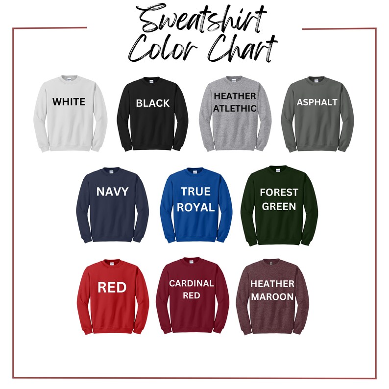 a group of sweatshirts that say sweatshirt color chart
