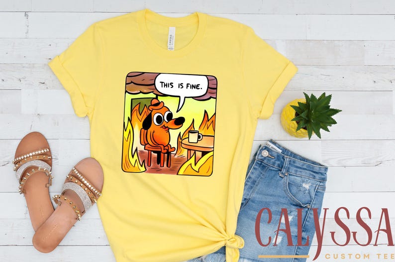 May include: Yellow t-shirt featuring a cartoon dog in a burning room, with the text "THIS IS FINE" in a speech bubble. The shirt is paired with blue denim shorts and sandals.