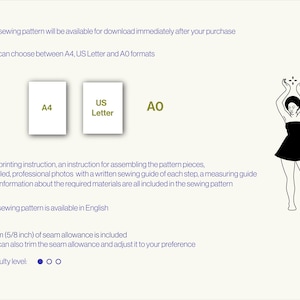 K&ouml;nnte beinhalten: Eine digitale Illustration einer Frau in einem schwarzen Kleid, die die Arme &uuml;ber den Kopf erhoben hat. Die Texte "A4", "US Letter" und "AO" werden in gelben K&auml;stchen angezeigt. Der Text "Das Schnittmuster steht zum Download direkt nach Ihrem Kauf zur Verf&uuml;gung" wird in blauer Schrift angezeigt. Der Text "Sie k&ouml;nnen zwischen den Formaten A4, US Letter und AO w&auml;hlen" wird in blauer Schrift angezeigt. Der Text "Die Druckanleitung, eine Anleitung zum Zusammensetzen der Schnittmusterteile, detaillierte, professionelle Fotos mit einer schriftlichen N&auml;hanleitung f&uuml;r jeden Schritt, eine Ma&szlig;anleitung und Informationen &uuml;ber die ben&ouml;tigten Materialien sind alle im Schnittmuster enthalten" wird in blauer Schrift angezeigt. Der Text "Das Schnittmuster ist in englischer Sprache verf&uuml;gbar" wird in blauer Schrift angezeigt. Der Text "1,5 cm (5/8 Zoll) Nahtzugabe sind enthalten Sie k&ouml;nnen die Nahtzugabe auch abschneiden und an Ihre Vorlieben anpassen" wird in blauer Schrift angezeigt. Der Text "Schwierigkeitsgrad" wird in blauer Schrift angezeigt. Neben dem Text "Schwierigkeitsgrad" werden drei Kreise angezeigt.