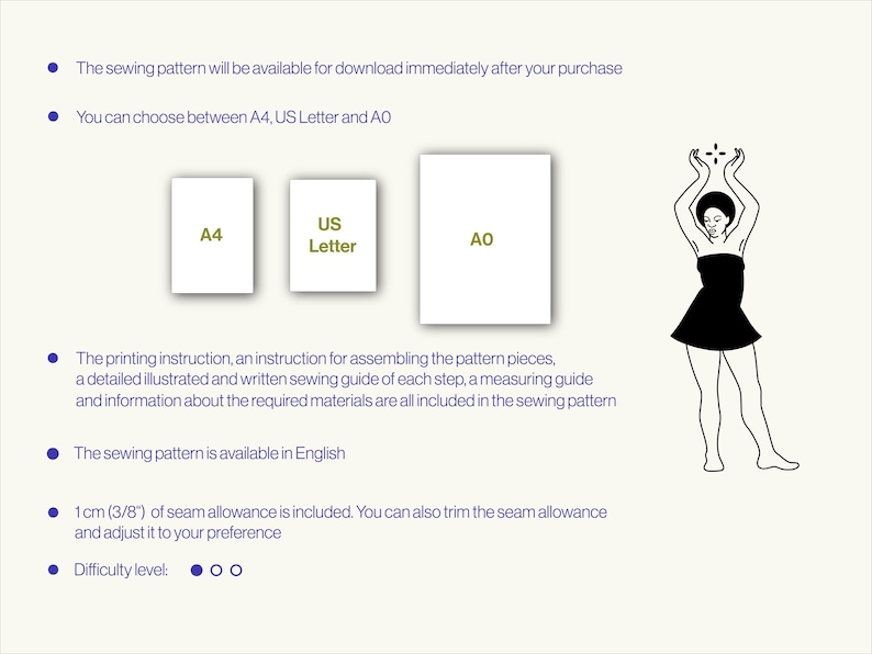 May include: A sewing pattern for a garment, available in A4, US Letter, or AO sizes. The pattern includes instructions, illustrations, and a measuring guide. The difficulty level is indicated by three circles.