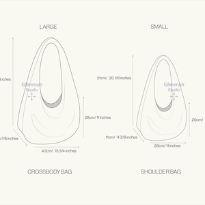 May include: Line drawing illustration of two handbags with measurements in inches and centimeters. The larger bag is labeled "Crossbody Bag" and the smaller bag is labeled "Shoulder Bag".