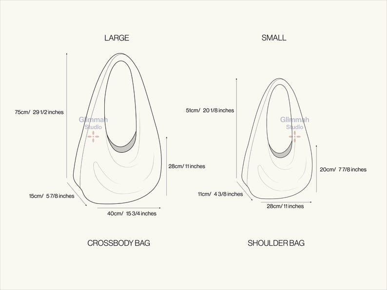 May include: Line drawing illustration of two handbags with measurements in inches and centimeters. The larger bag is labeled "Crossbody Bag" and the smaller bag is labeled "Shoulder Bag".