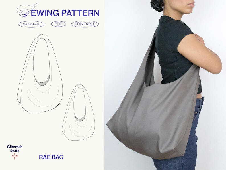 May include: A gray tote bag with a wide, curved opening. The bag is shown being worn by a person. The bag is made from a soft, flexible fabric. The bag is available in two sizes: large and small. The pattern is available as a printable PDF.