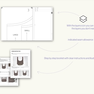 May include: A digital sewing pattern for a sleeveless top with three size options: small, large, and extra large. The pattern includes a step-by-step booklet with clear instructions and illustrations. The pattern also includes a layers icon that allows you to turn off the layers you don't need.