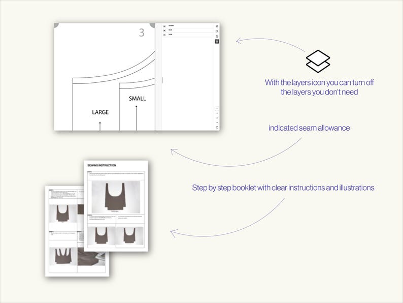 May include: A digital sewing pattern for a sleeveless top with three size options: small, large, and extra large. The pattern includes a step-by-step booklet with clear instructions and illustrations. The pattern also includes a layers icon that allows you to turn off the layers you don't need.