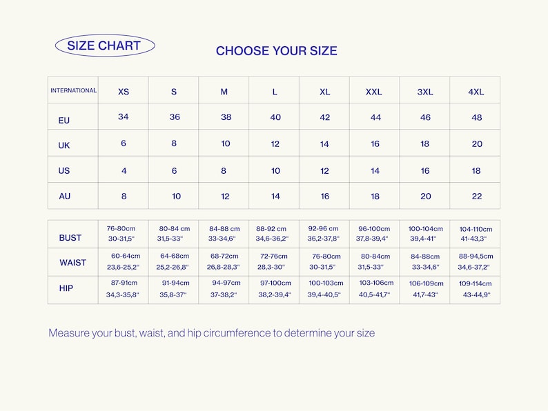 K&ouml;nnte beinhalten: Gr&ouml;&szlig;entabelle f&uuml;r Kleidung mit Ma&szlig;en in Zoll und Zentimetern. Die Tabelle umfasst die Gr&ouml;&szlig;en XS bis 4XL mit den entsprechenden Ma&szlig;en f&uuml;r Brust, Taille und H&uuml;fte.