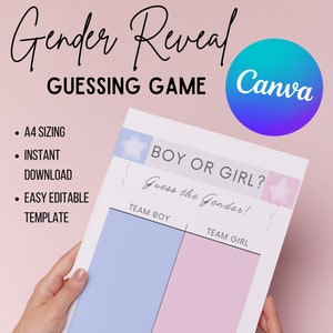 Gender Reveal Guess The Gender Party Game | Baby Shower Boy Or Girl | Editable Canva Digital Download Template A4