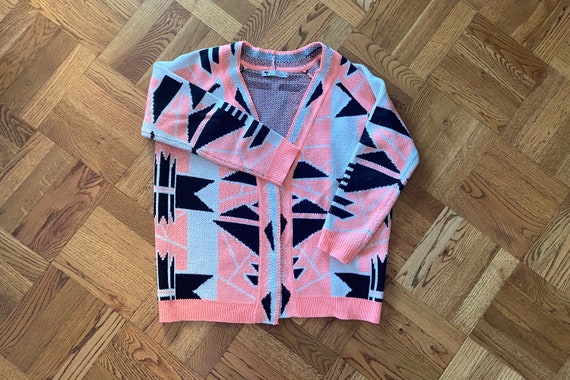 Art-deco Geometric Pink and Black Knit Cardigan - image 1