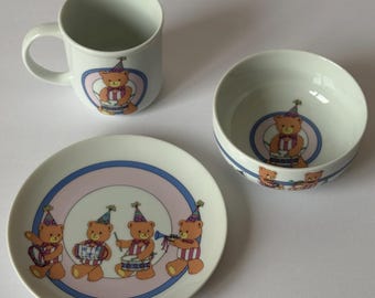 3-piece Birthday Bears Children's Dish Set, Vintage 1940s Parade by Shibata Unisex Design