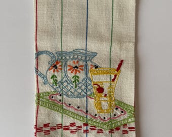 Striped Tea Towel with Embroidered Drink Tray, Vintage 1950s Kitchen Linen