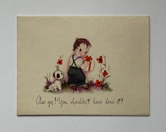 Thank You Note Card Boy & Puppy Artwork, Vintage 1950s Stationery