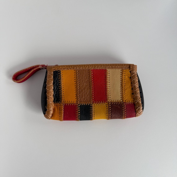 Patchwork Leather Zipper Coin Purse, Handmade Vin… - image 1