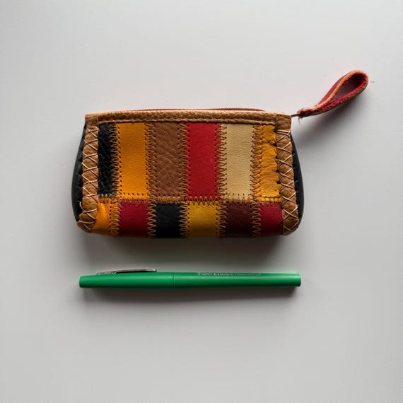 Patchwork Leather Zipper Coin Purse, Handmade Vin… - image 3