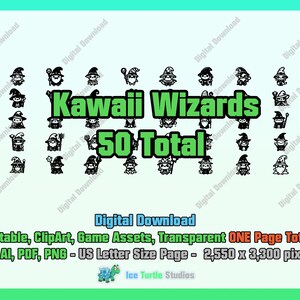 May include: A digital download of 50 black and white kawaii wizard illustrations. The illustrations are in a cartoon style and are perfect for use in digital projects. The text "Kawaii Wizards 50 Total" is displayed in green letters on a white background.