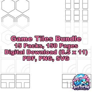 May include: A digital game tiles bundle featuring 15 packs and 150 pages in 8.5 x 11 inch format. The document includes PDF, PNG, and SVG files with various geometric outlines like hexagons and squares. The IceTurtle Studios logo is visible.