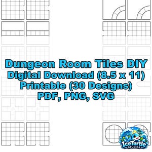 May include: A digital download featuring 30 printable dungeon room tile designs on an 8.5 x 11 inch layout. The image displays black line art grids for tabletop gaming, with the text Dungeon Room Tiles DIY Digital Download (8.5 x 11) Printable (30 Designs) PDF, PNG, SVG and an IceTurtle Studios logo.