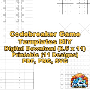 May include: A digital collection of Codebreaker Game Templates featuring 11 printable designs in PDF, PNG, and SVG formats. The document includes grids, letter charts, and a logo for IceTurtle Studios, measuring 8.5 x 11 inches.
