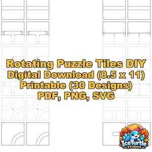 May include: A digital download sheet featuring 30 printable rotating puzzle tile designs in PDF, PNG, and SVG formats. The layout includes various square grid patterns with lines and circles, sized for 8.5 x 11 inch paper, with an IceTurtle Studios logo.