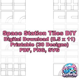 May include: A digital collection of 30 printable space station tiles featuring various corridor and room layouts. The text reads: Space Station Tiles DIY Digital Download (8.5 x 11) Printable (30 Designs) PDF, PNG, SVG. Includes an IceTurtle Studios logo.